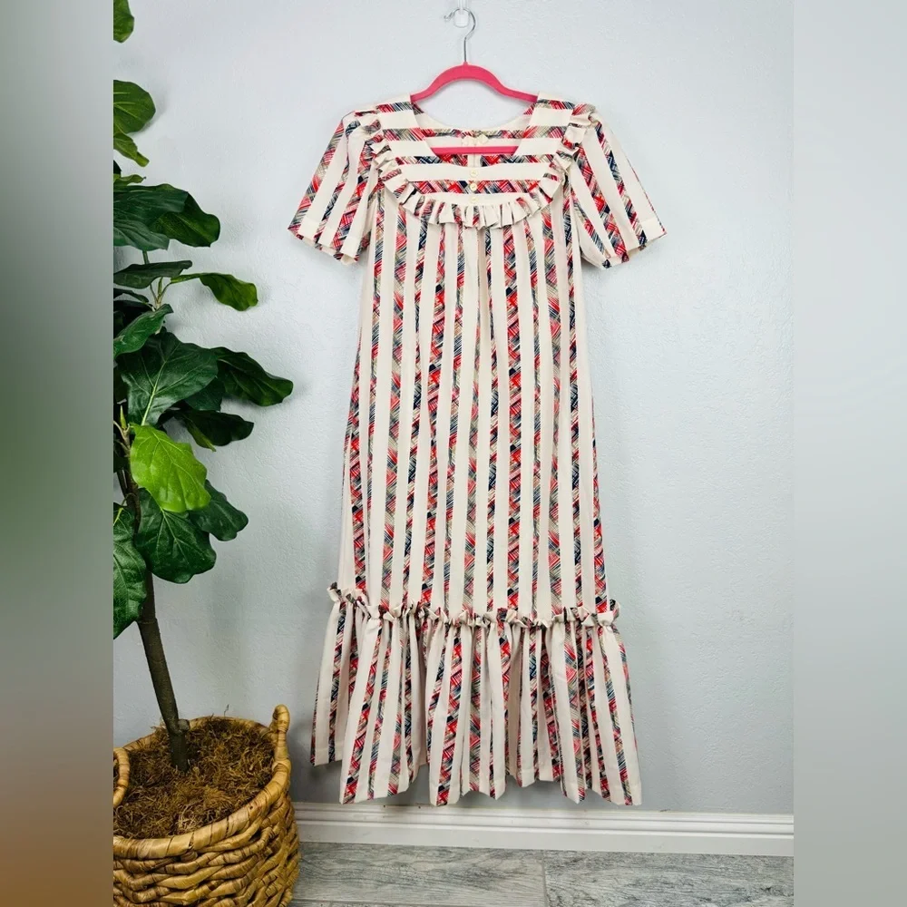 Vintage Style Cream Striped Hawaiian Muumuu
